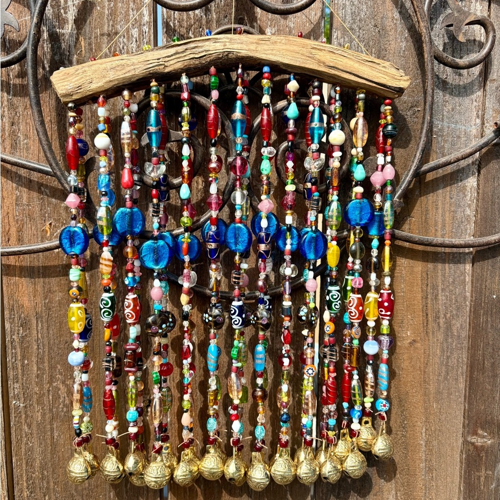 Glass Beads & Bells Wind Chime Sun Catcher Mobile With Driftwood Made To Order